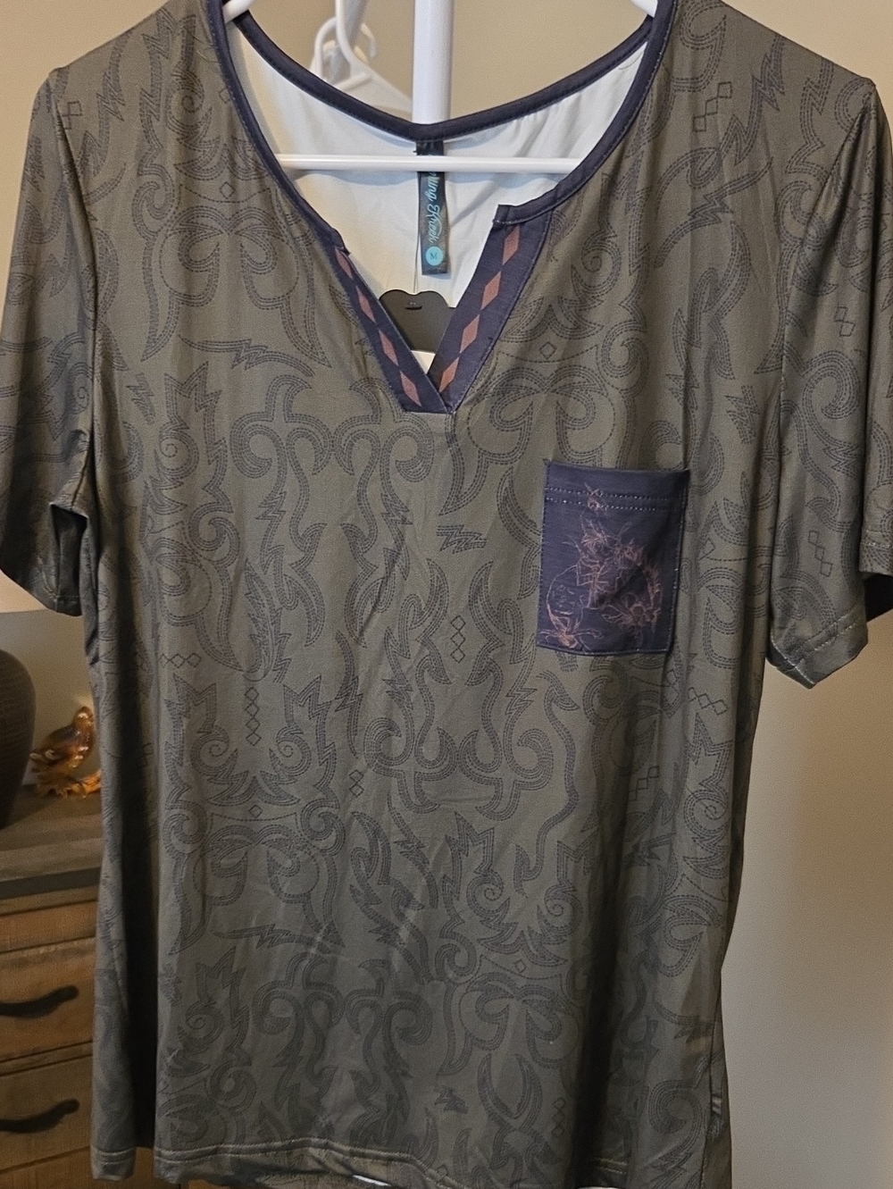 Olive Green Short-Sleeve V-Neck Tee with Pocket